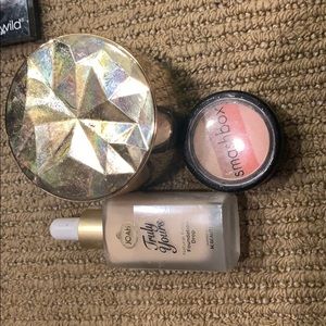 Foundation, powder, bronzer/highlighter/blush mix